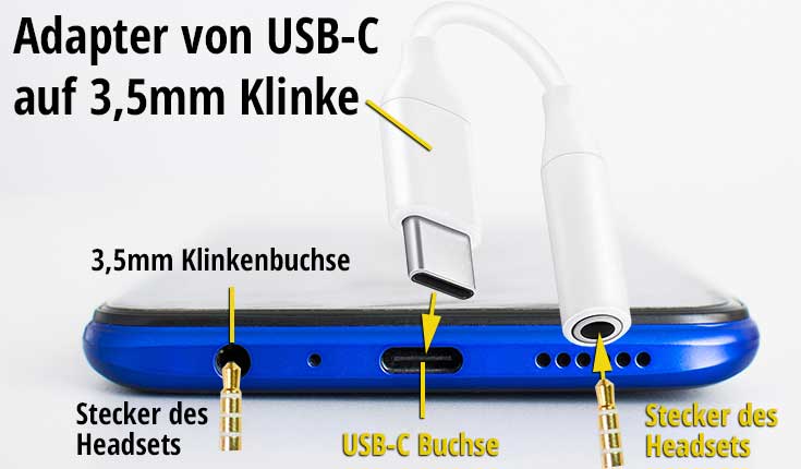 Anschluss des Hamoni® Headset Air an einem Android Handy via USB C auf 3,5 mm Klinkenanschluss Adapter