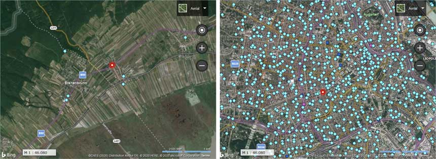 Vergleich Dichte der Mobilfunksendeanlagen Land mit Stadt