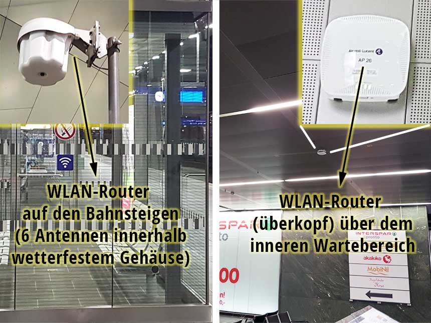 WLAN-Router im Wartebereich und auf den Bahnsteigen am Wiener Hauptbahnhof