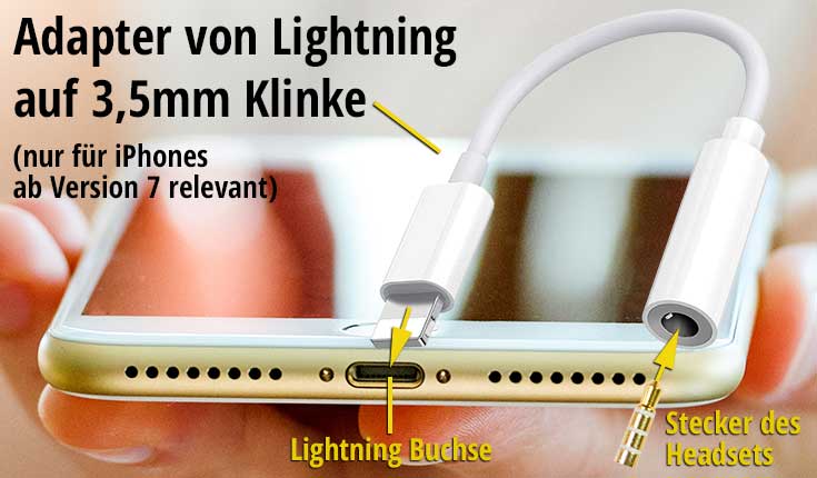 Anschluss des Hamoni® Headset Air an einem iPhone via Apple Lightning auf 3,5‑mm-Kopfhöreranschluss Adapter