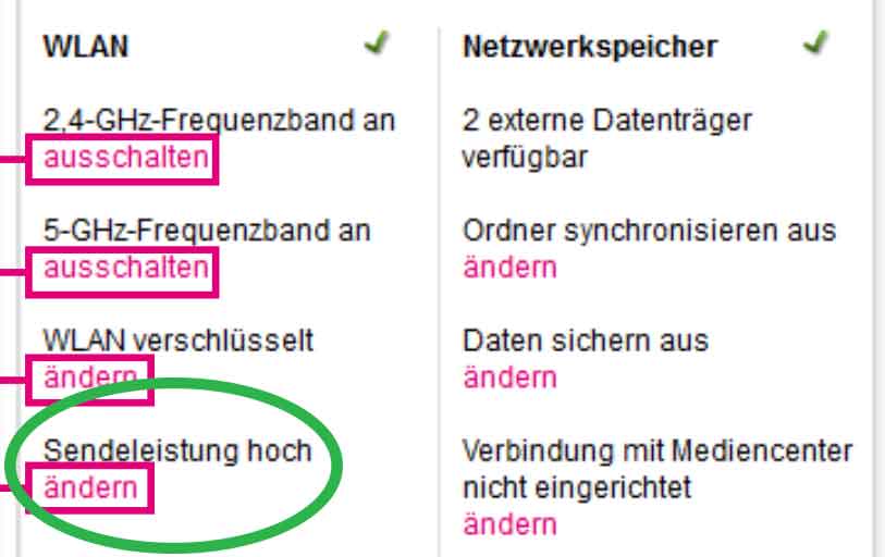 Menüpunkt zur Einstellung der WLAN-Sendeleistung beim Modem Speedport W724V